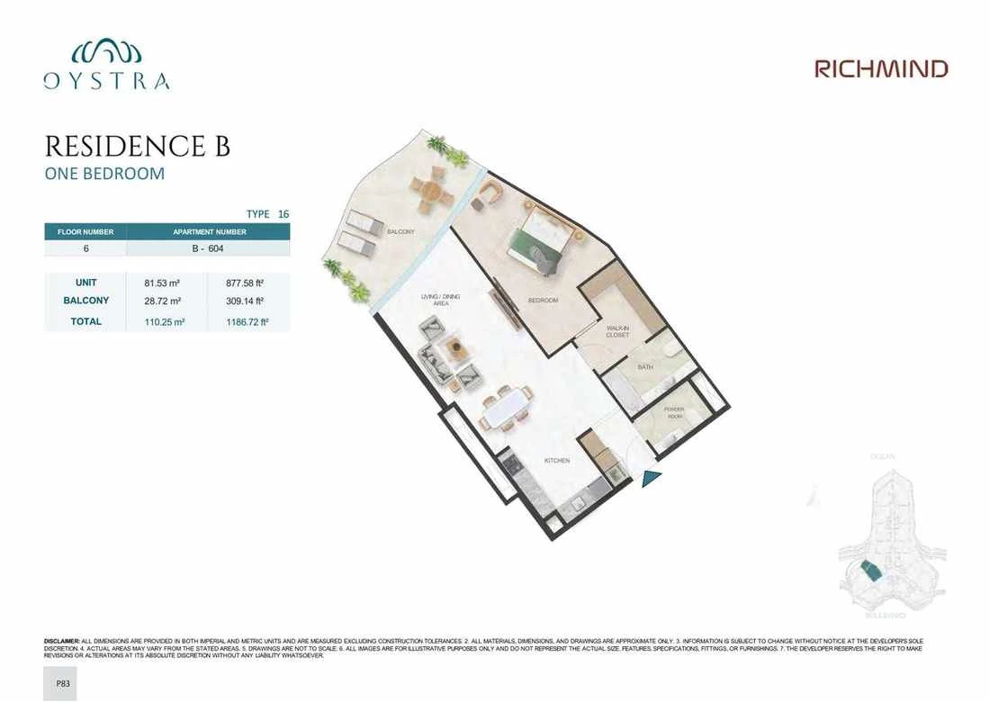 Oystra 1-bedroom Type 16 apartment, Apartment B-604, Floor 6, Residence B, 1,186.72 sq ft floor plan.