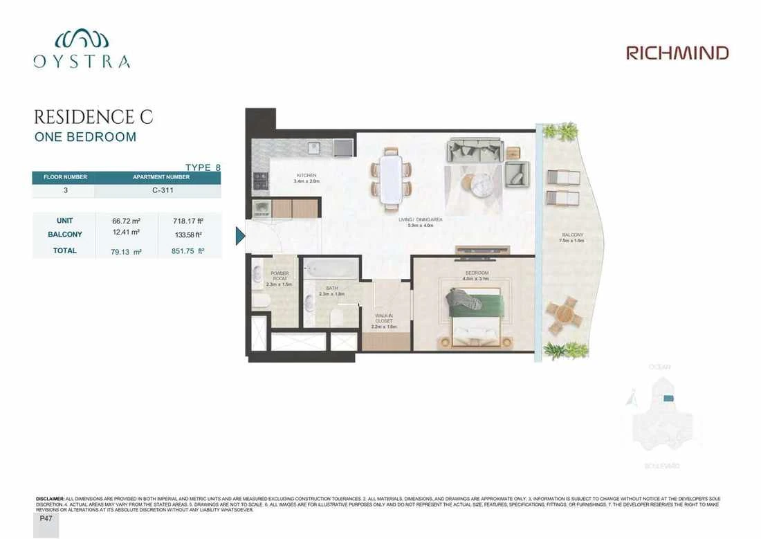 Oystra 1-bedroom Type 8 apartment, Apartment C-311, Floor 3, Residence C, 851.75 sq ft floor plan.