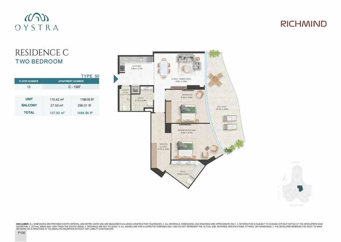 Oystra 2-bedroom Type 50 apartment, Apartment C-1307, Floor 13, Residence C, 1,484.56 sq ft floor plan.