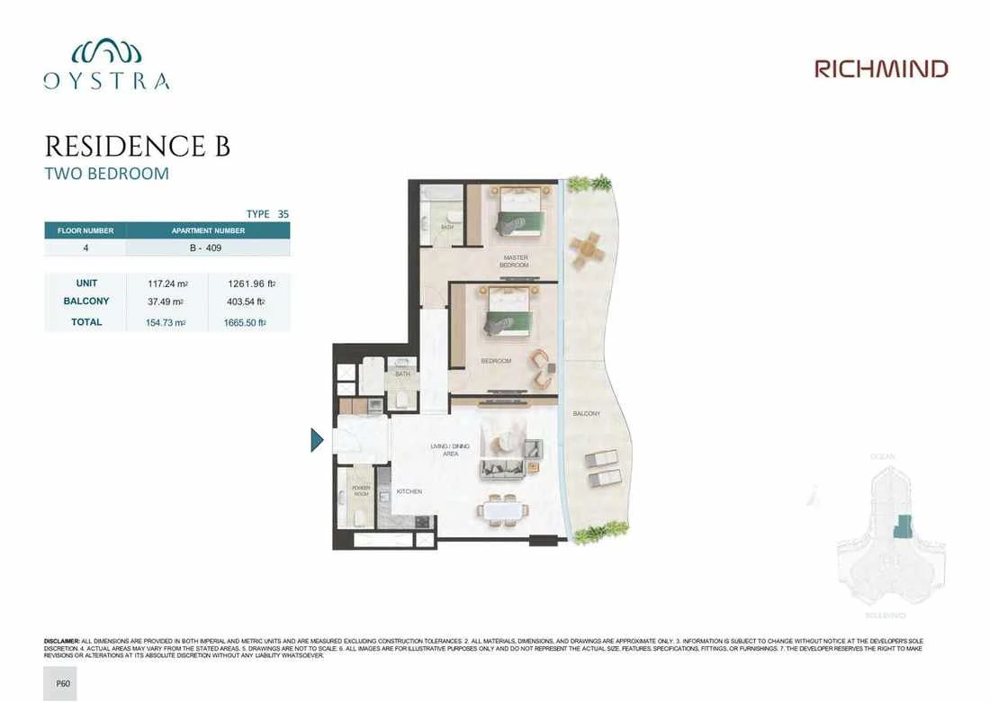 Oystra 2-bedroom Type 35 apartment, Apartment B-409, Floor 4, Residence B, 1,665.50 sq ft floor plan.
