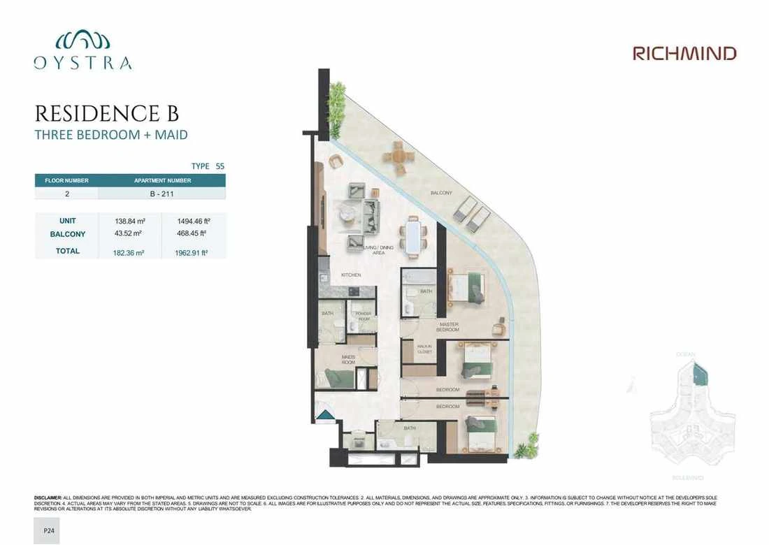 Oystra 3-bedroom Type 55 apartment with maid's room, Apartment B-211, Floor 2, Residence B, 1,962.91 sq ft floor plan.