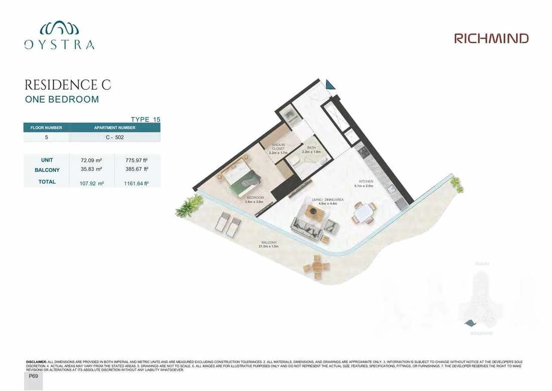 Oystra 1-bedroom Type 15 apartment, Apartment C-502, Floor 5, Residence C, 1,161.64 sq ft floor plan.