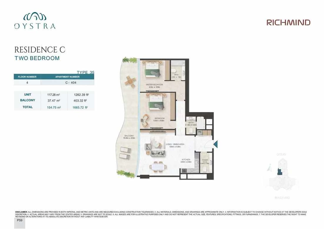 Oystra 2-bedroom Type 35 apartment, Apartment C-404, Floor 4, Residence C, 1,665.72 sq ft floor plan.