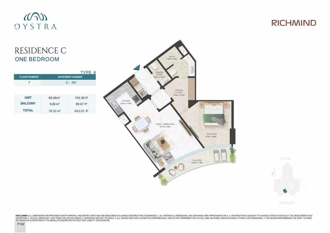 Oystra 1-bedroom Type 6 apartment, Apartment C-701, Floor 7, Residence C, 843.03 sq ft floor plan.