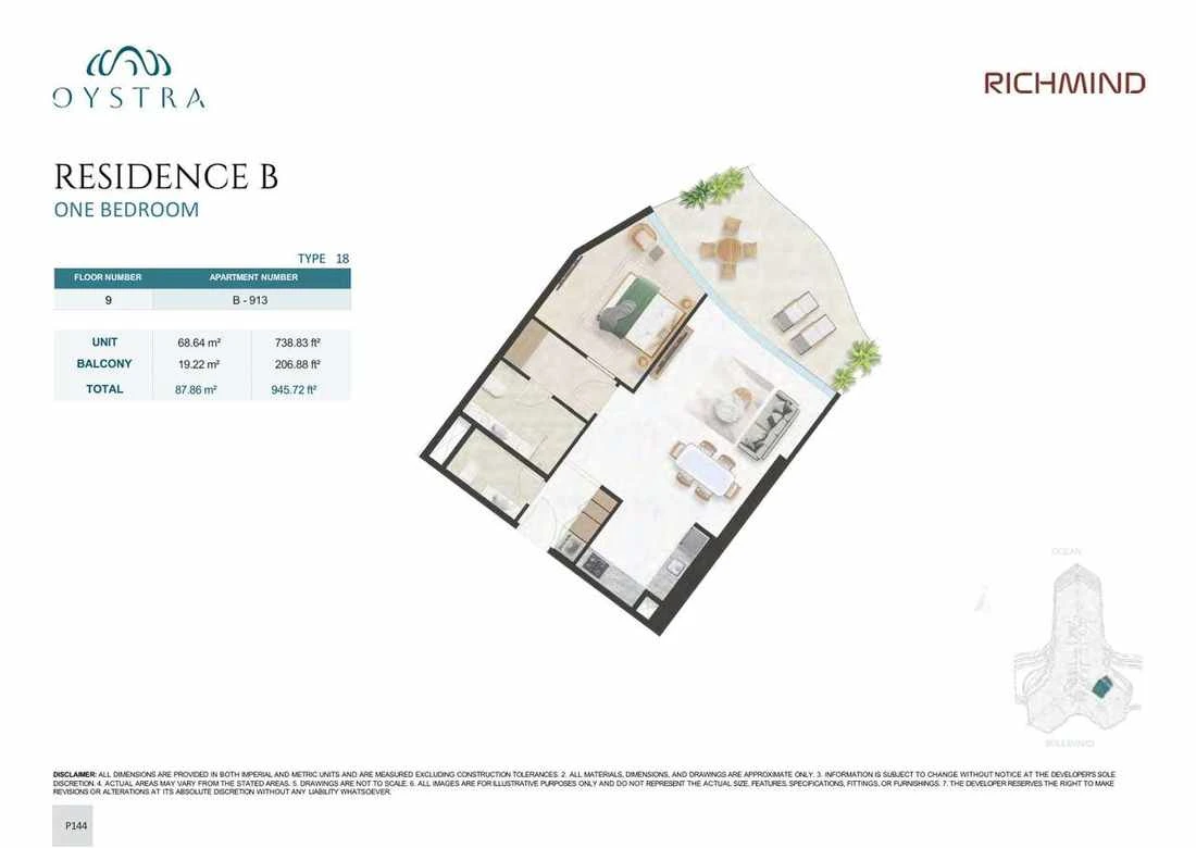 Oystra 1-bedroom Type 18 apartment, Apartment B-913, Floor 9, Residence B, 945.72 sq ft floor plan.