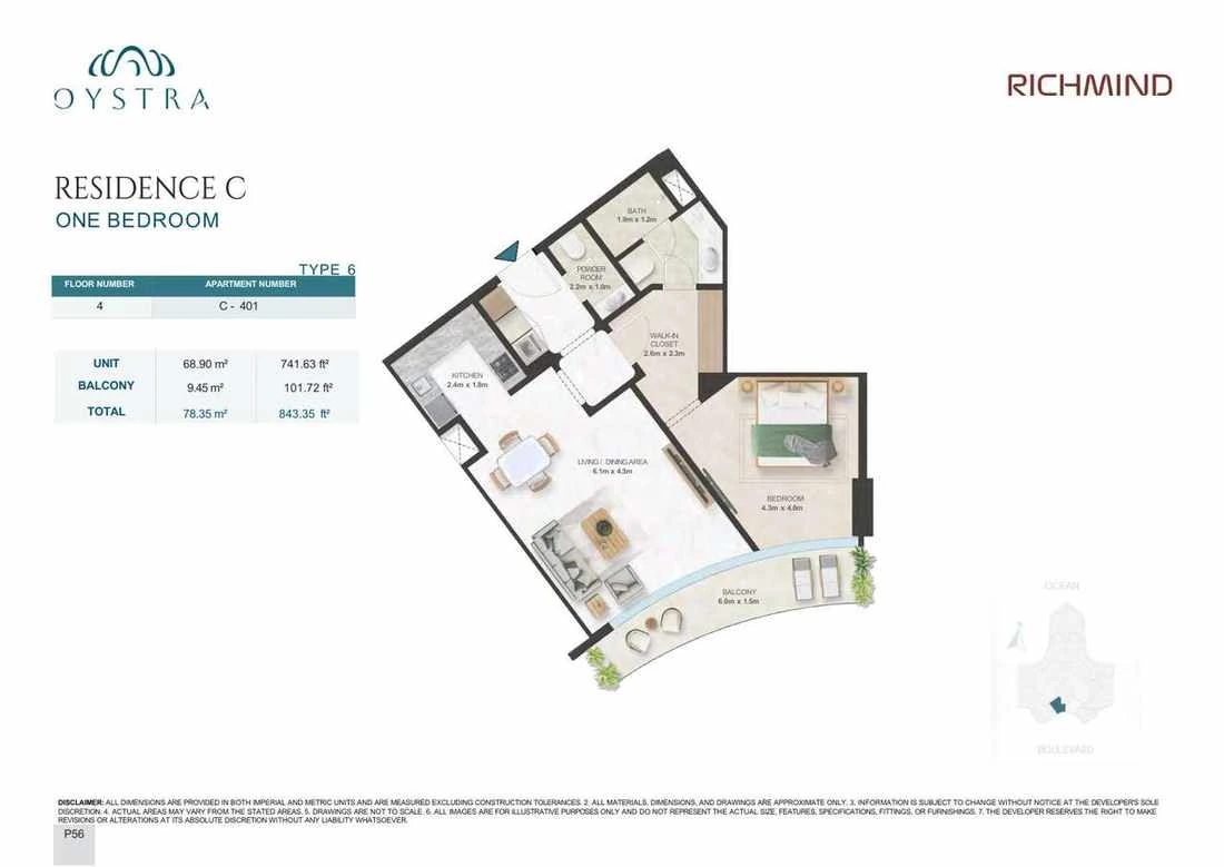 Oystra 1-bedroom Type 6 apartment, Apartment C-401, Floor 4, Residence C, 843.35 sq ft floor plan.