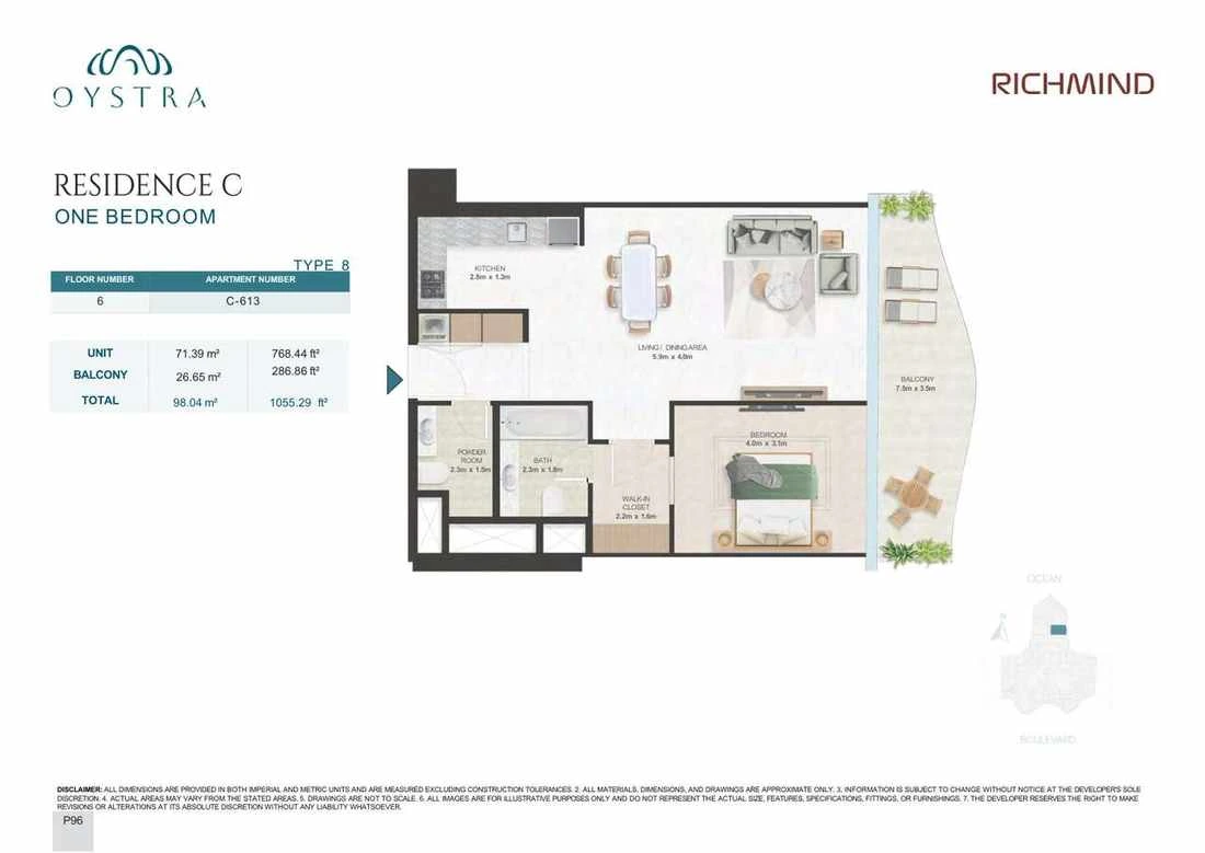 Oystra 1-bedroom Type 8 apartment, Apartment C-613, Floor 6, Residence C, 1,055.29 sq ft floor plan.