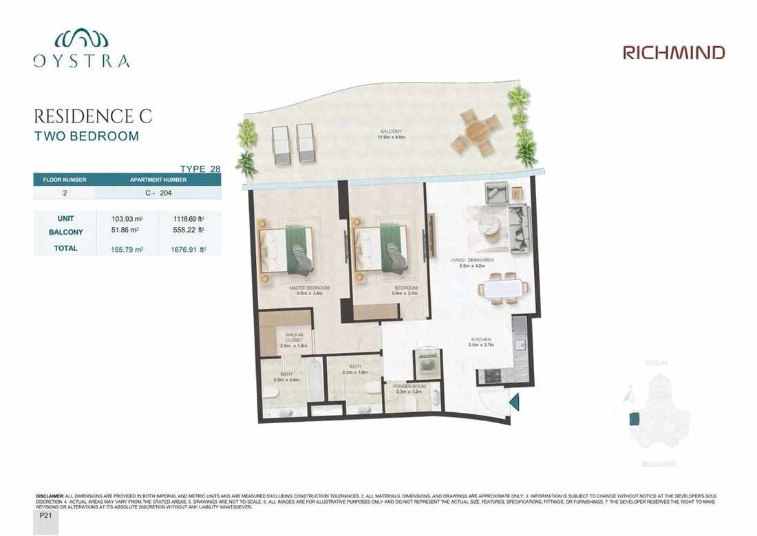 Oystra 2-bedroom Type 28 apartment, Apartment C-204, Floor 2, Residence C, 1,676.91 sq ft floor plan.