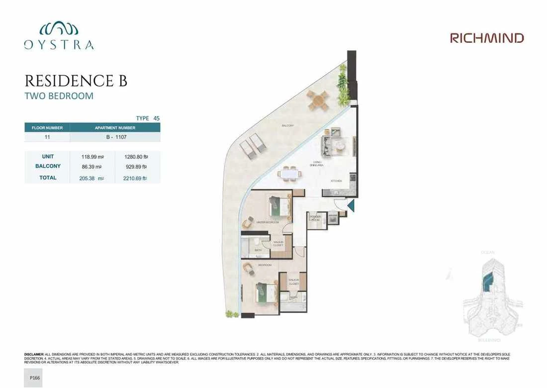 Oystra 2-bedroom Type 45 apartment, Apartment B-1107, Floor 11, Residence B, 2,210.69 sq ft floor plan.