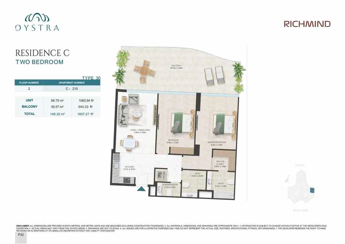 Oystra 2-bedroom Type 30 apartment, Apartment C-215, Floor 2, Residence C, 1,607.27 sq ft floor plan.