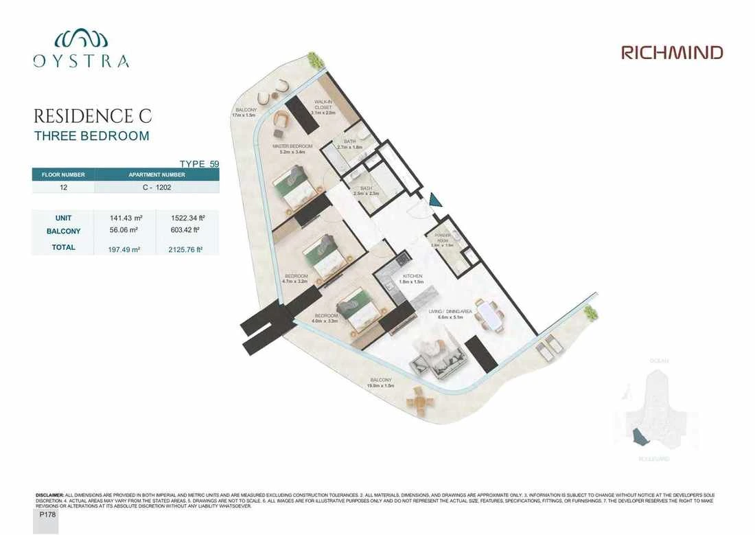 Oystra 3-bedroom Type 59 apartment, Apartment C-1202, Floor 12, Residence C, 2,125.76 sq ft floor plan.