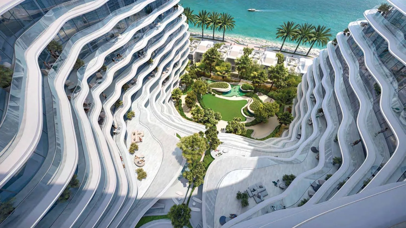 Oystra landscaped courtyard framed by flowing residence facades