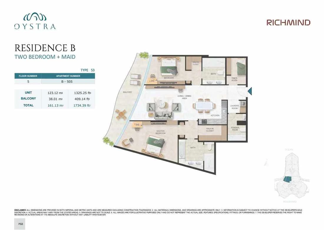 Oystra 2-bedroom Type 53 apartment with maid's room, Apartment B-505, Floor 5, Residence B, 1,734.39 sq ft floor plan.