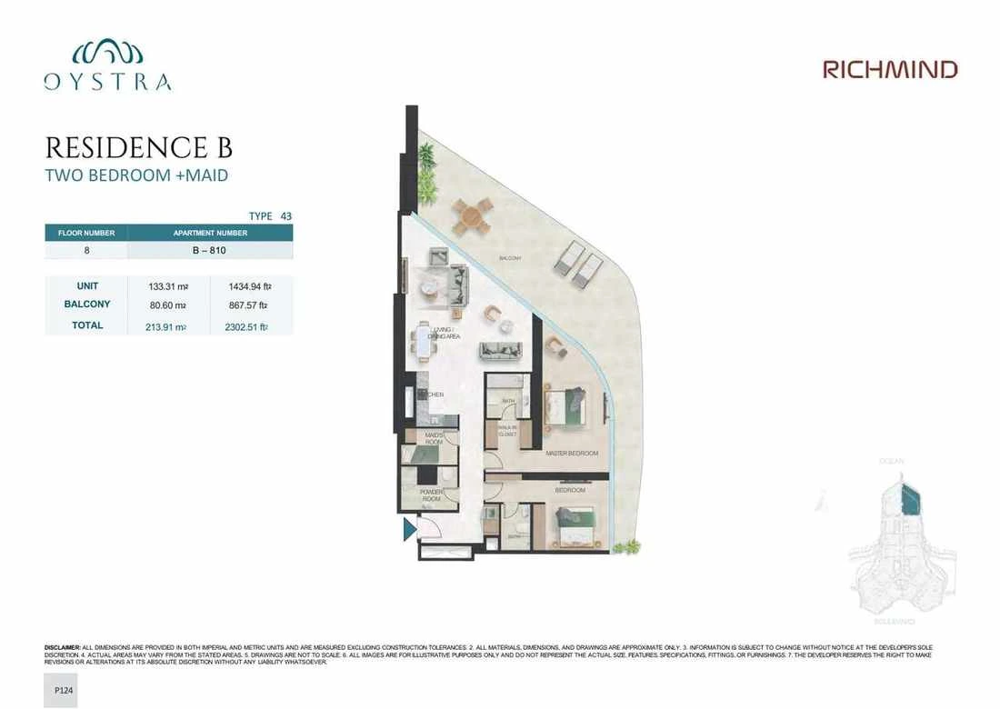 Oystra 2-bedroom Type 43 apartment with maid's room, Apartment B-810, Floor 8, Residence B, 2,302.51 sq ft floor plan.