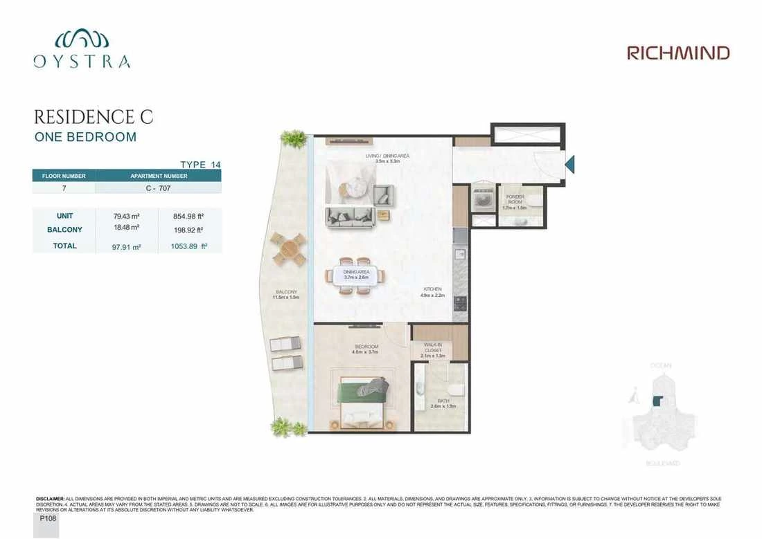 Oystra 1-bedroom Type 14 apartment, Apartment C-707, Floor 7, Residence C, 1,053.89 sq ft floor plan.