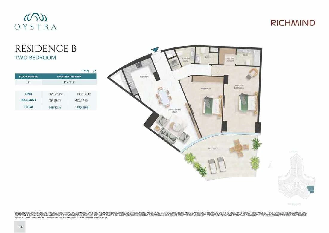 Oystra 2-bedroom Type 22 apartment, Apartment B-217, Floor 2, Residence B, 1,779.49 sq ft floor plan.