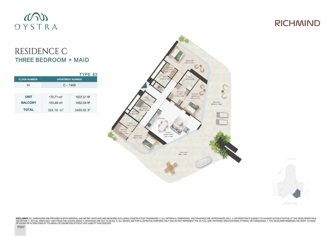 Oystra 3-bedroom Type 63 apartment with maid's room, Apartment C-1408, Floor 14, Residence C, 3,489.55 sq ft floor plan.