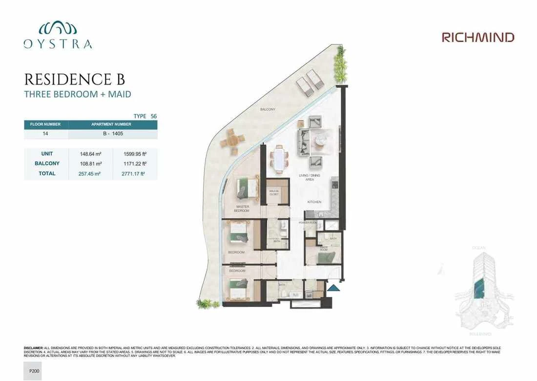 Oystra 3-bedroom Type 56 apartment with maid's room, Apartment B-1405, Floor 14, Residence B, 2,771.17 sq ft floor plan.
