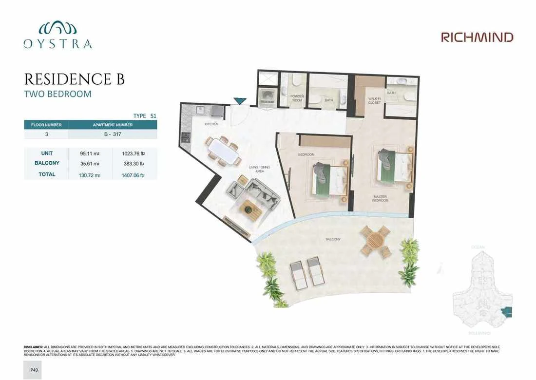 Oystra 2-bedroom Type 51 apartment, Apartment B-317, Floor 3, Residence B, 1,407.06 sq ft floor plan.
