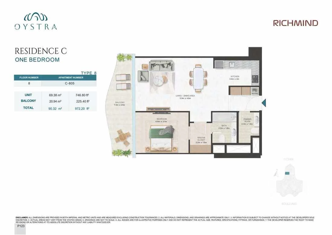 Oystra 1-bedroom Type 8 apartment, Apartment C-805, Floor 8, Residence C, 972.20 sq ft floor plan.