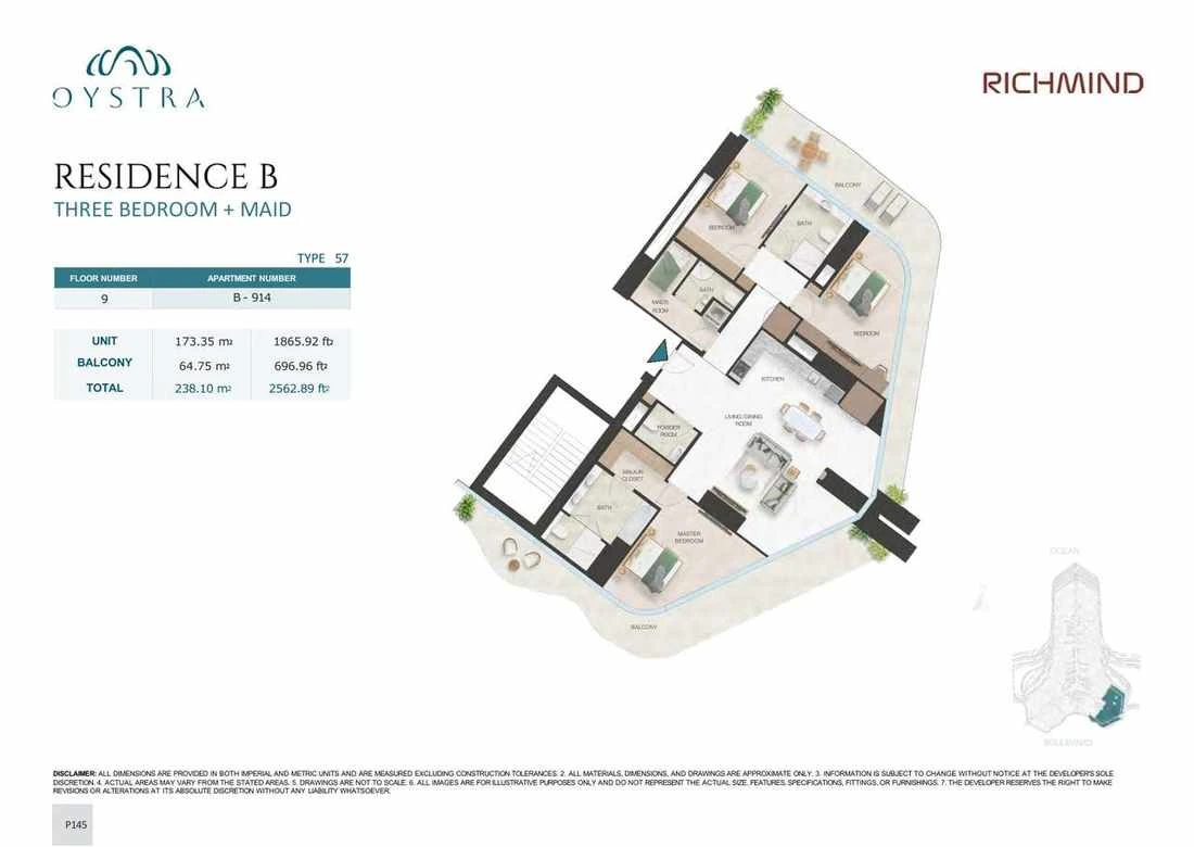 Oystra 3-bedroom Type 57 apartment with maid's room, Apartment B-914, Floor 9, Residence B, 2,562.89 sq ft floor plan.