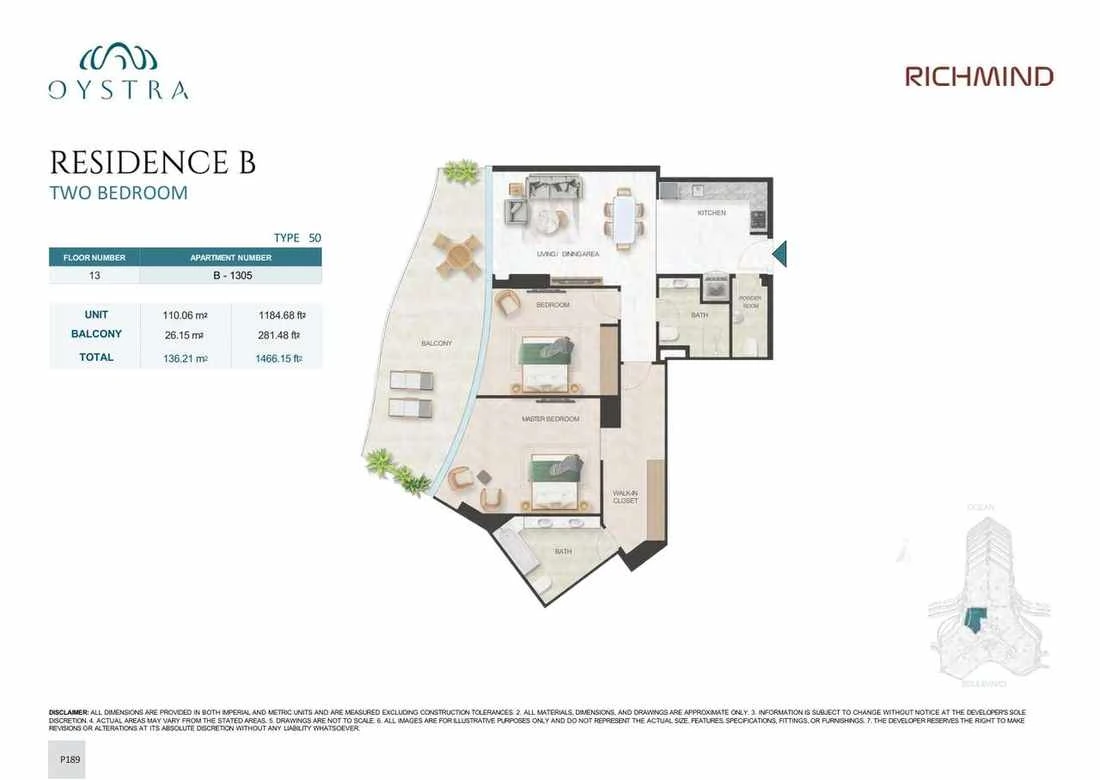 Oystra 2-bedroom Type 50 apartment, Apartment B-1305, Floor 13, Residence B, 1,466.15 sq ft floor plan.
