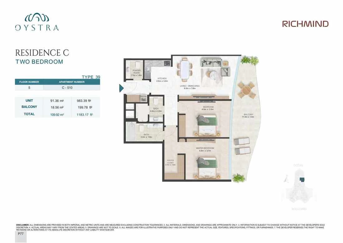 Oystra 2-bedroom Type 39 apartment, Apartment C-510, Floor 5, Residence C, 1,183.17 sq ft floor plan.