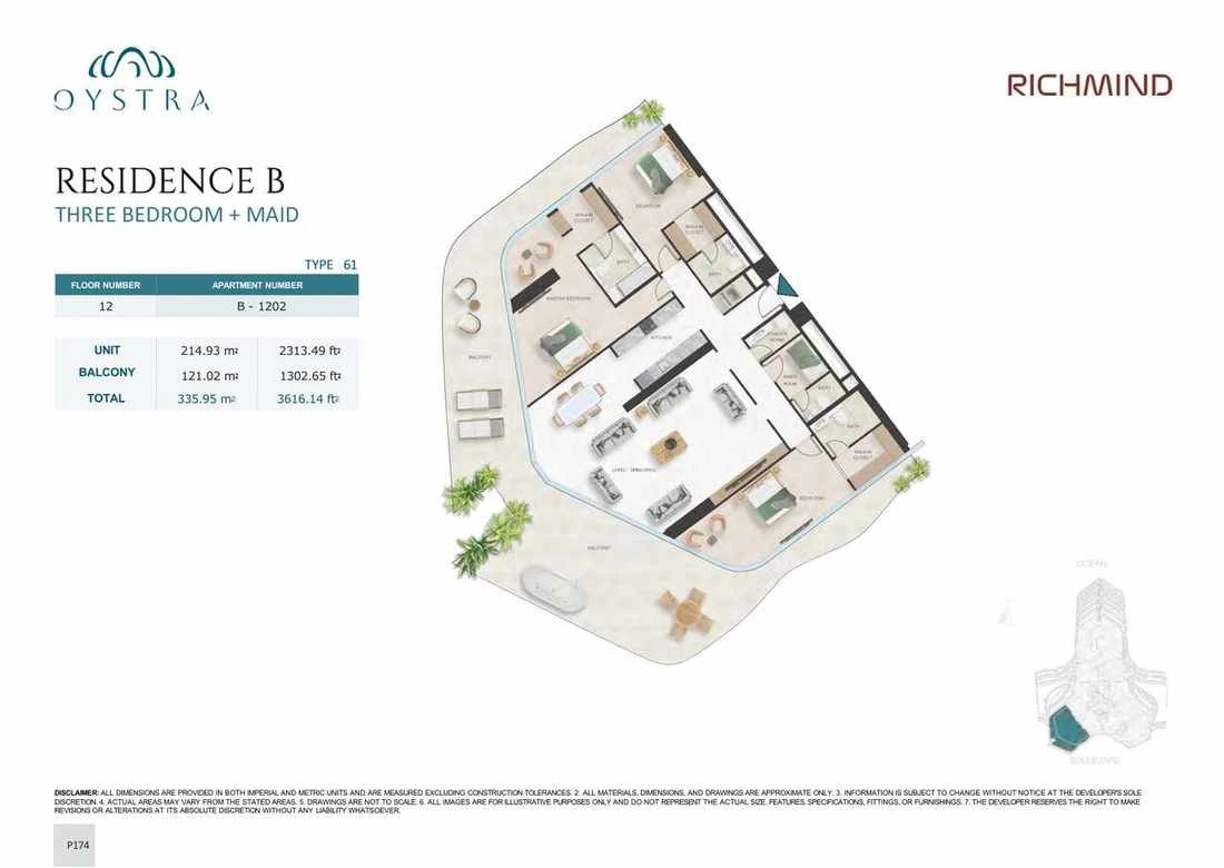 Oystra 3-bedroom Type 61 apartment with maid's room, Apartment B-1202, Floor 12, Residence B, 3,616.14 sq ft floor plan.