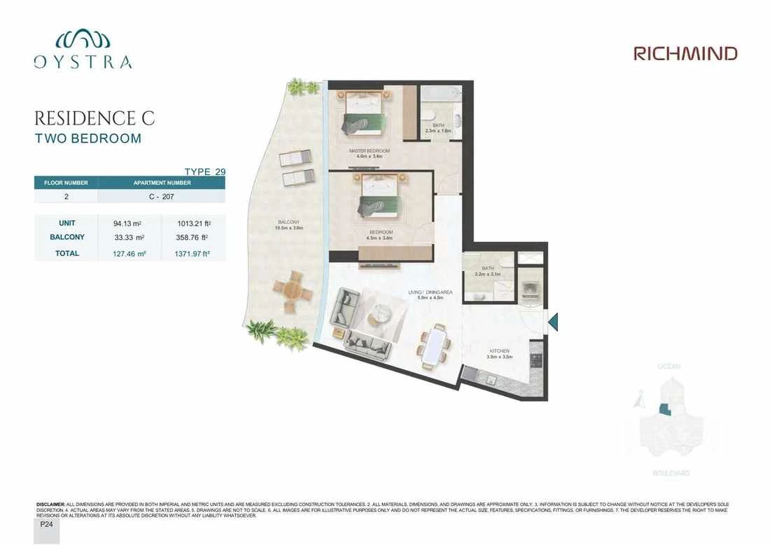 Oystra 2-bedroom Type 29 apartment, Apartment C-207, Floor 2, Residence C, 1,371.97 sq ft floor plan.