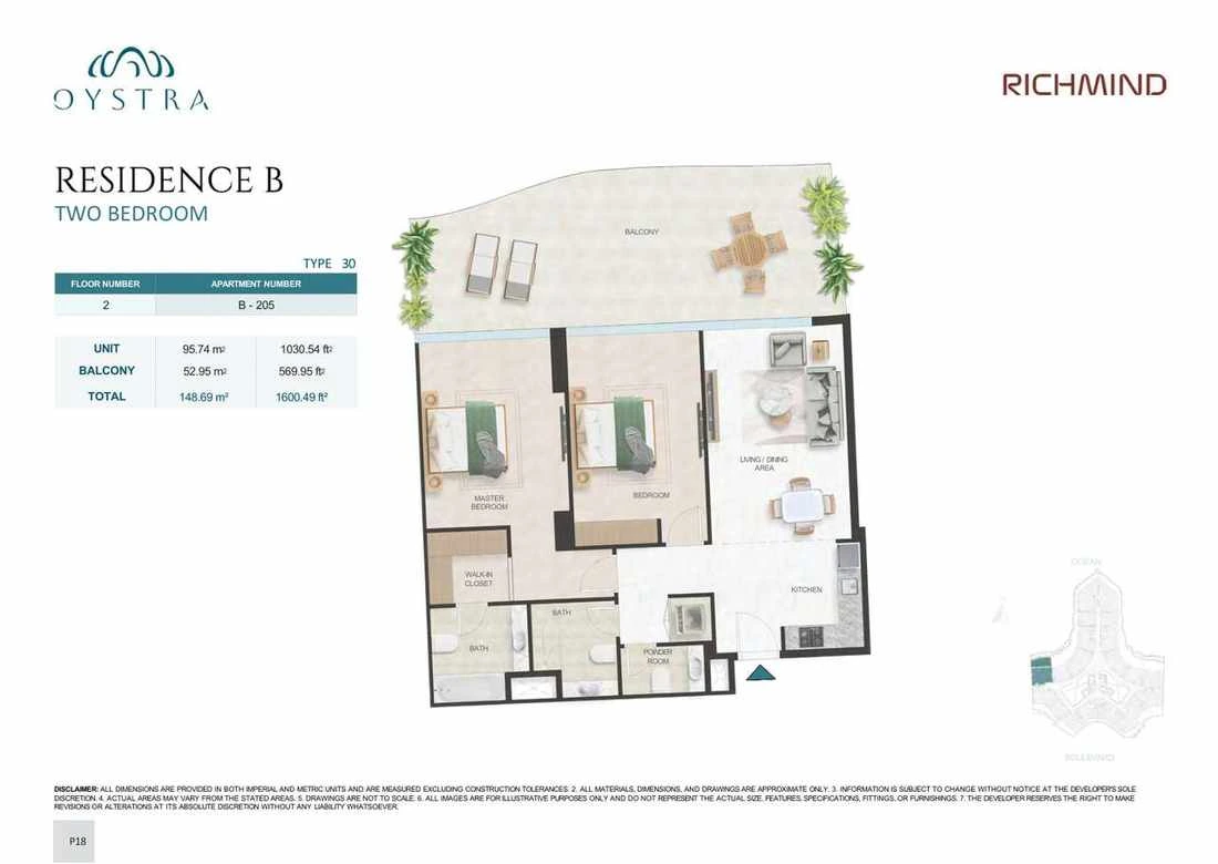 Oystra 2-bedroom Type 30 apartment, Apartment B-205, Floor 2, Residence B, 1,600.49 sq ft floor plan.