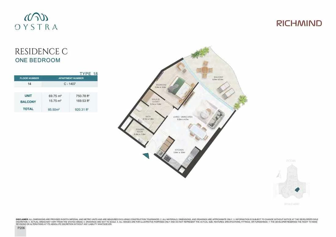 Oystra 1-bedroom Type 18 apartment, Apartment C-1407, Floor 14, Residence C, 920.31 sq ft floor plan.