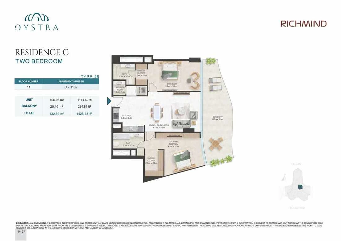 Oystra 2-bedroom Type 46 apartment, Apartment C-1109, Floor 11, Residence C, 1,426.43 sq ft floor plan.