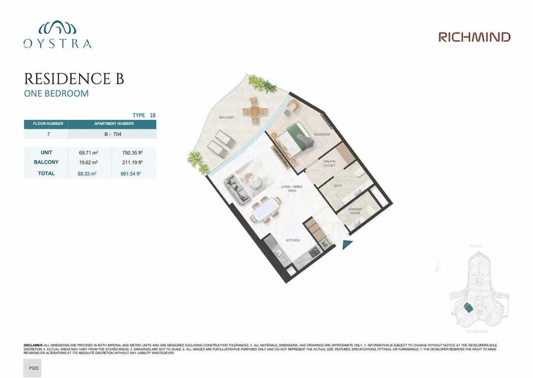 Oystra 1-bedroom Type 18 apartment, Apartment B-704, Floor 7, Residence B, 961.54 sq ft floor plan.