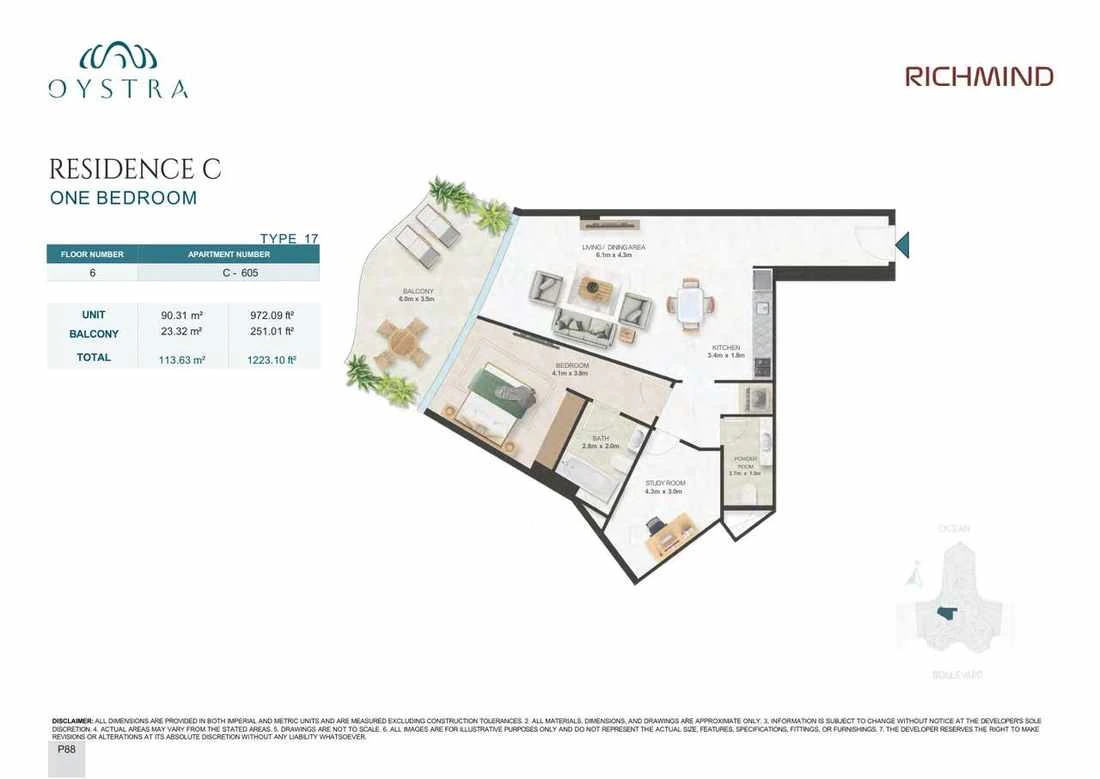 Oystra 1-bedroom Type 17 apartment, Apartment C-605, Floor 6, Residence C, 1,223.10 sq ft floor plan.
