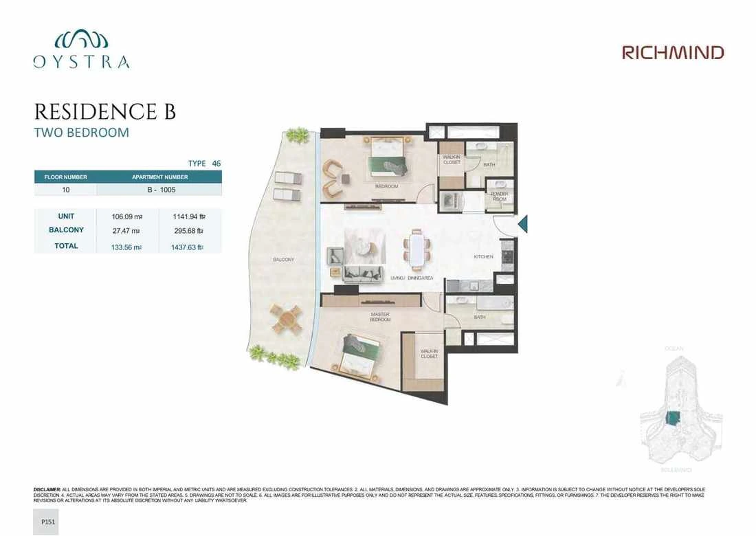 Oystra 2-bedroom Type 46 apartment, Apartment B-1005, Floor 10, Residence B, 1,437.63 sq ft floor plan.