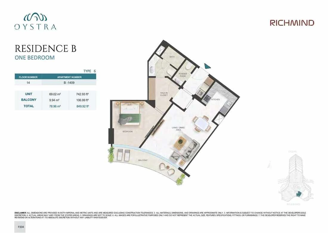 Oystra 1-bedroom Type 6 apartment, Apartment B-1409, Floor 14, Residence B, 849.92 sq ft floor plan.