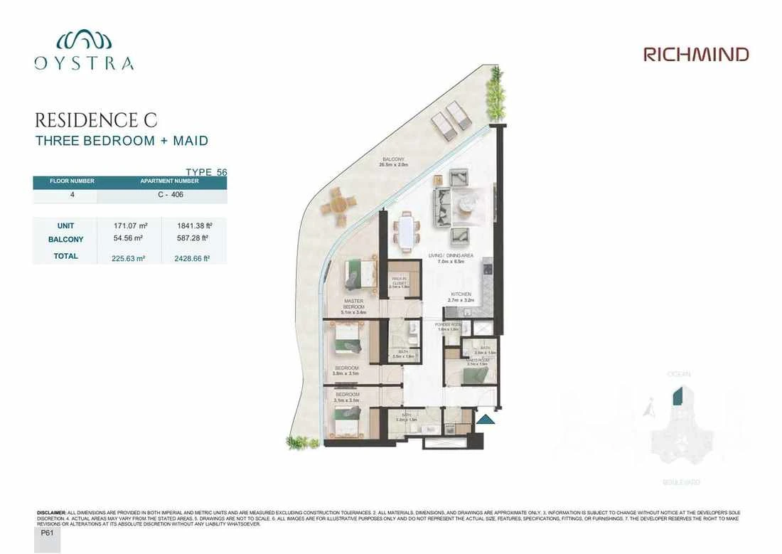 Oystra 3-bedroom Type 56 apartment with maid's room, Apartment C-406, Floor 4, Residence C, 2,428.66 sq ft floor plan.