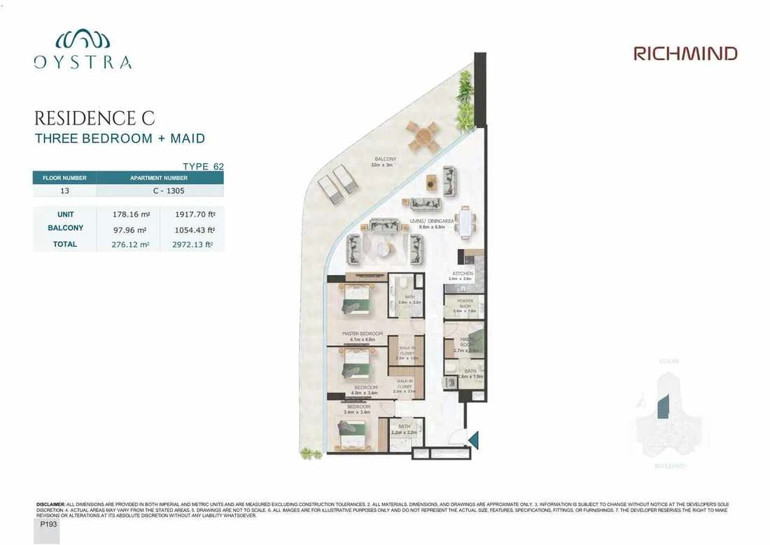 Oystra 3-bedroom Type 62 apartment with maid's room, Apartment C-1305, Floor 13, Residence C, 2,972.13 sq ft floor plan.