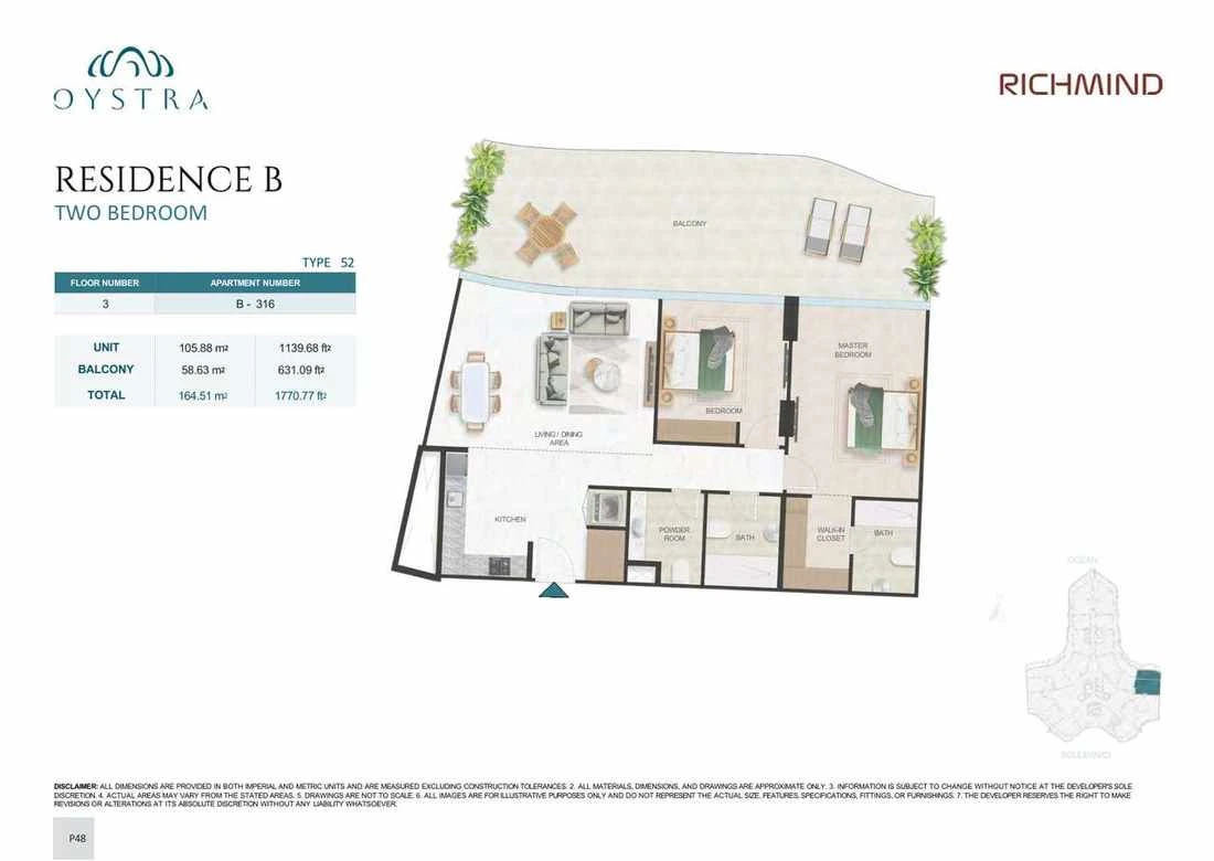 Oystra 2-bedroom Type 52 apartment, Apartment B-316, Floor 3, Residence B, 1,770.77 sq ft floor plan.