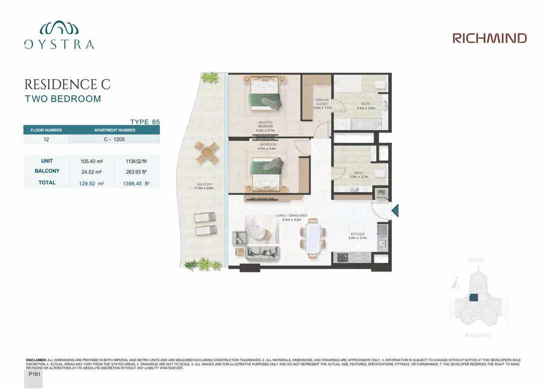 Oystra 2-bedroom Type 65 apartment, Apartment C-1205, Floor 12, Residence C, 1,398.45 sq ft floor plan.