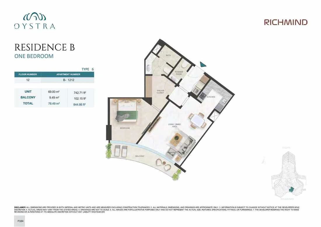 Oystra 1-bedroom Type 6 apartment, Apartment B-1212, Floor 12, Residence B, 844.86 sq ft floor plan.