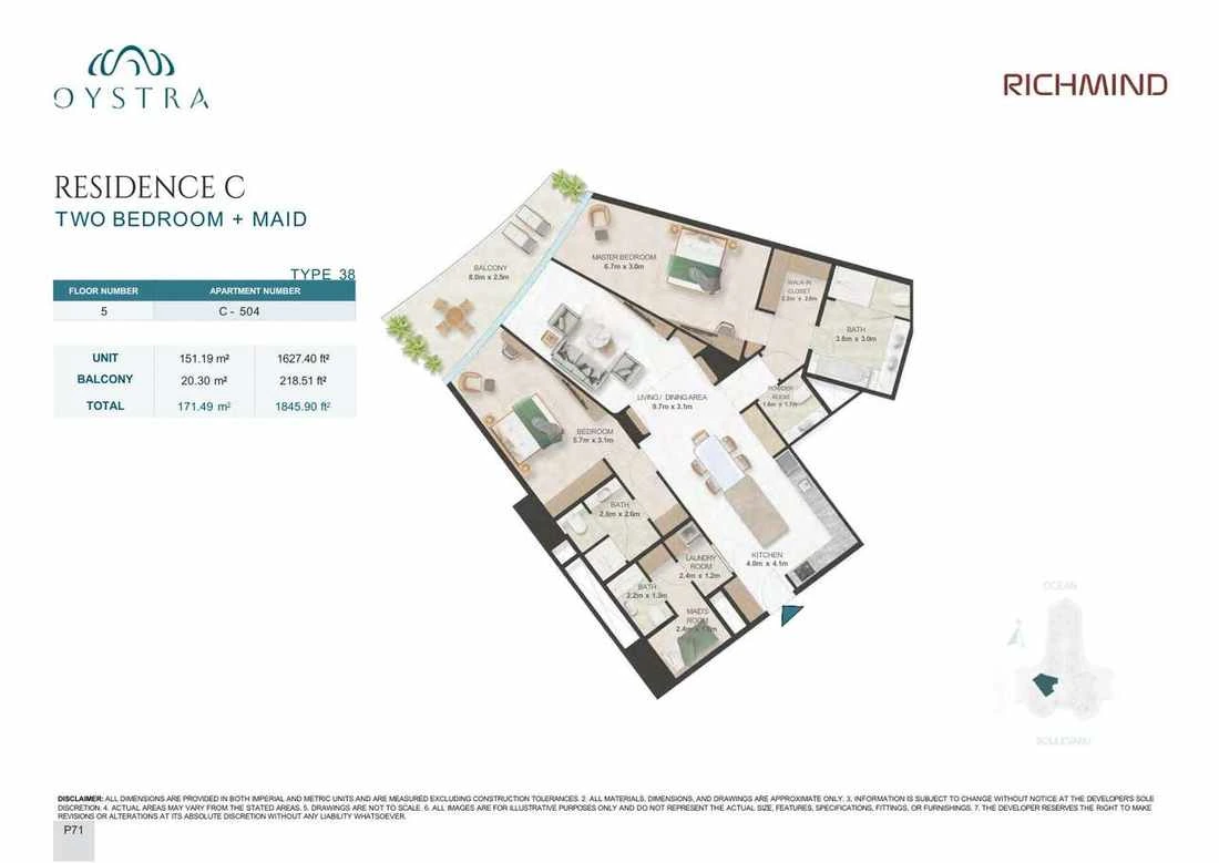 Oystra 2-bedroom Type 38 apartment with maid's room, Apartment C-504, Floor 5, Residence C, 1,845.90 sq ft floor plan.