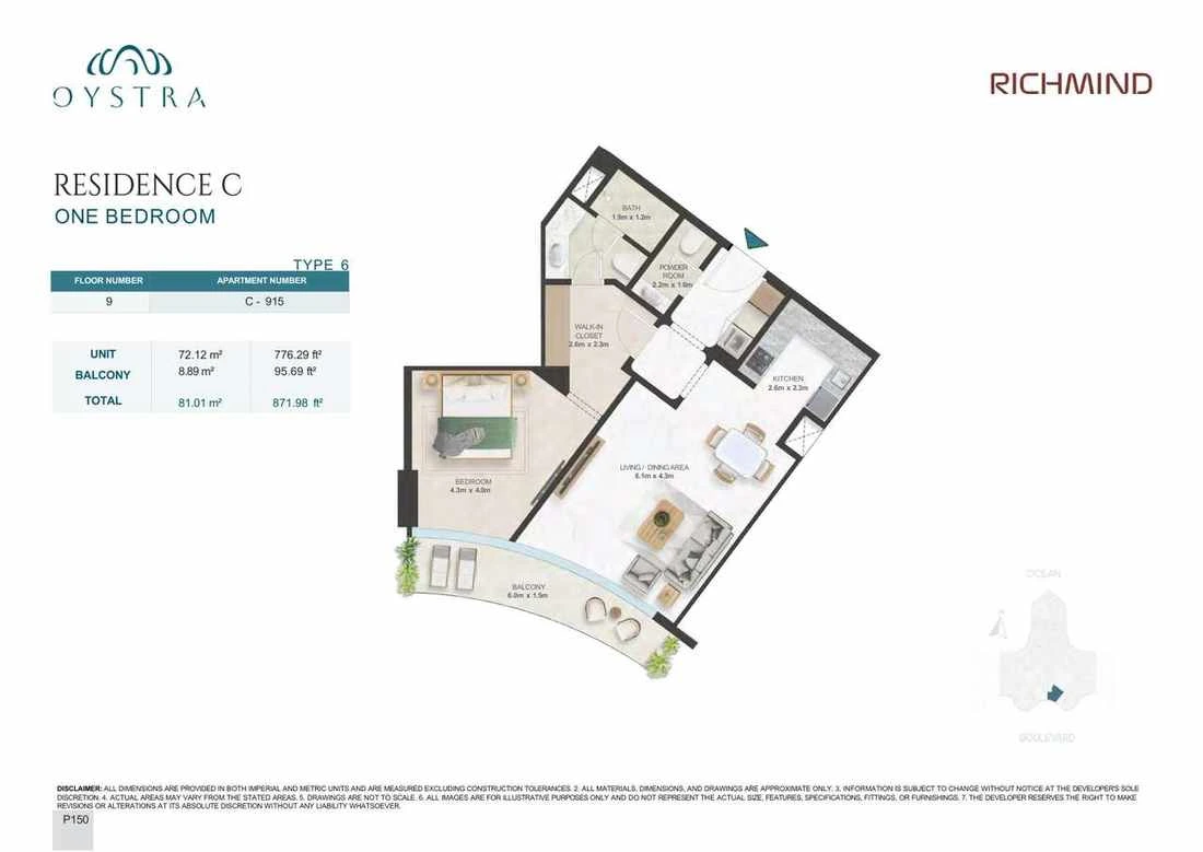 Oystra 1-bedroom Type 6 apartment, Apartment C-915, Floor 9, Residence C, 871.98 sq ft floor plan.
