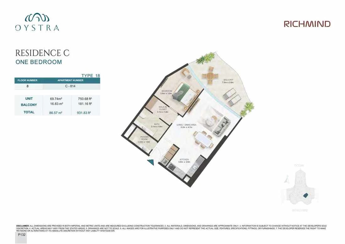 Oystra 1-bedroom Type 18 apartment, Apartment C-814, Floor 8, Residence C, 931.83 sq ft floor plan.