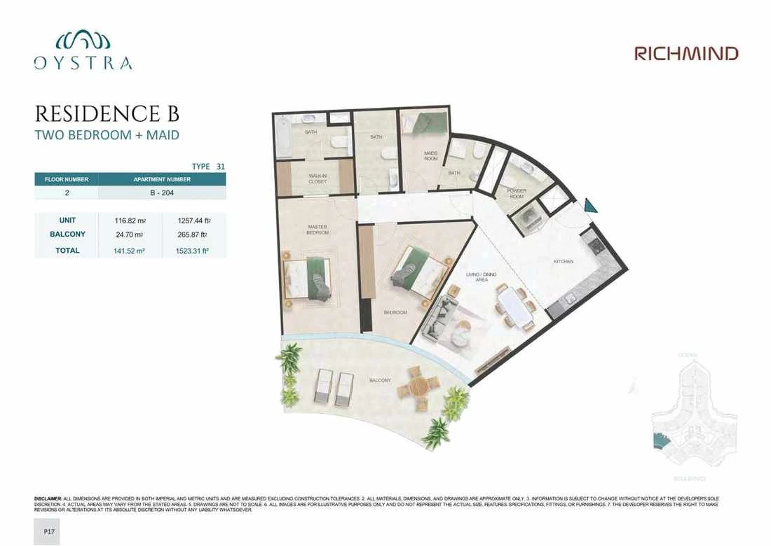 Oystra 2-bedroom Type 31 apartment with maid's room, Apartment B-204, Floor 2, Residence B, 1,523.31 sq ft floor plan.