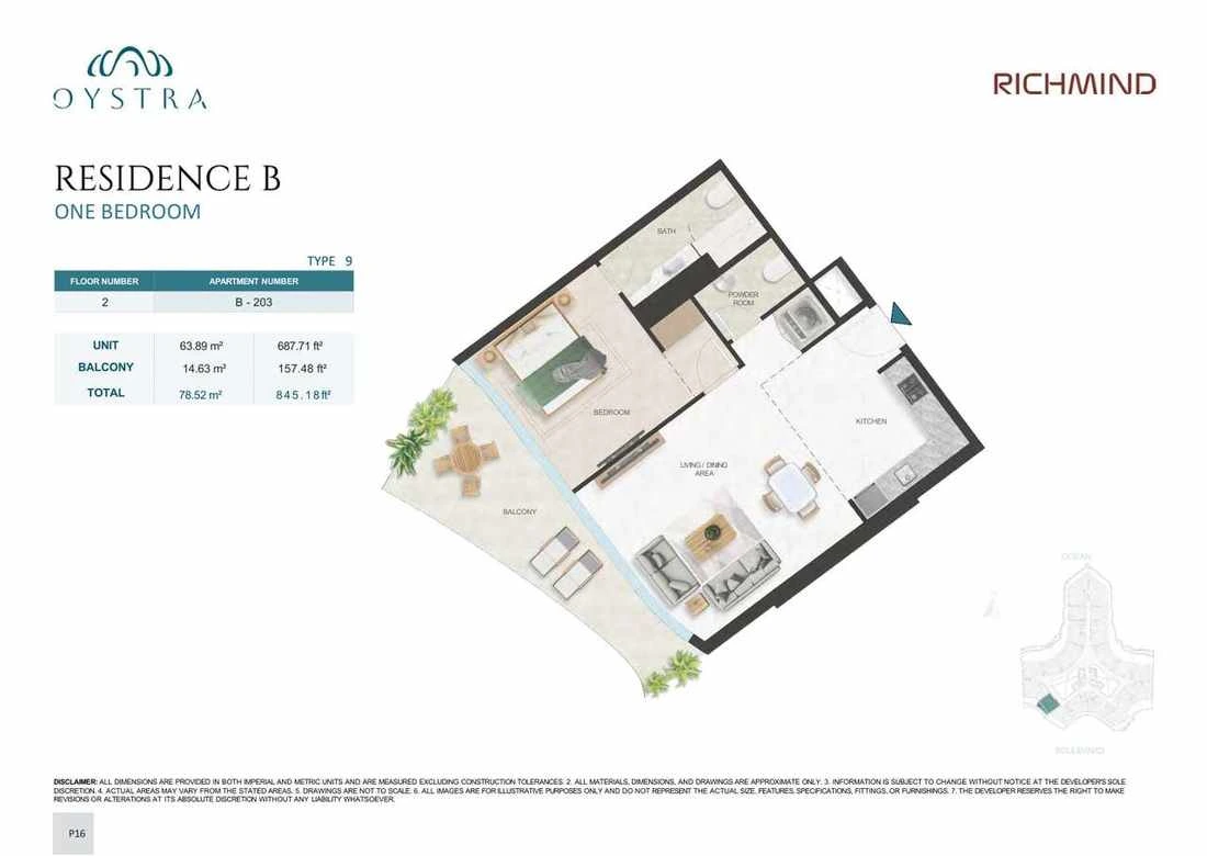 Oystra 1-bedroom Type 9 apartment, Apartment B-203, Floor 2, Residence B, 845.18 sq ft floor plan.