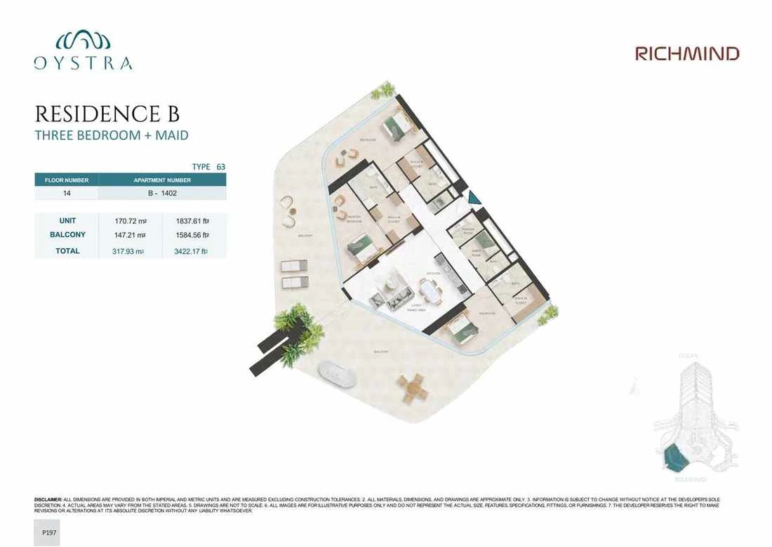 Oystra 3-bedroom Type 63 apartment with maid's room, Apartment B-1402, Floor 14, Residence B, 3,422.17 sq ft floor plan.