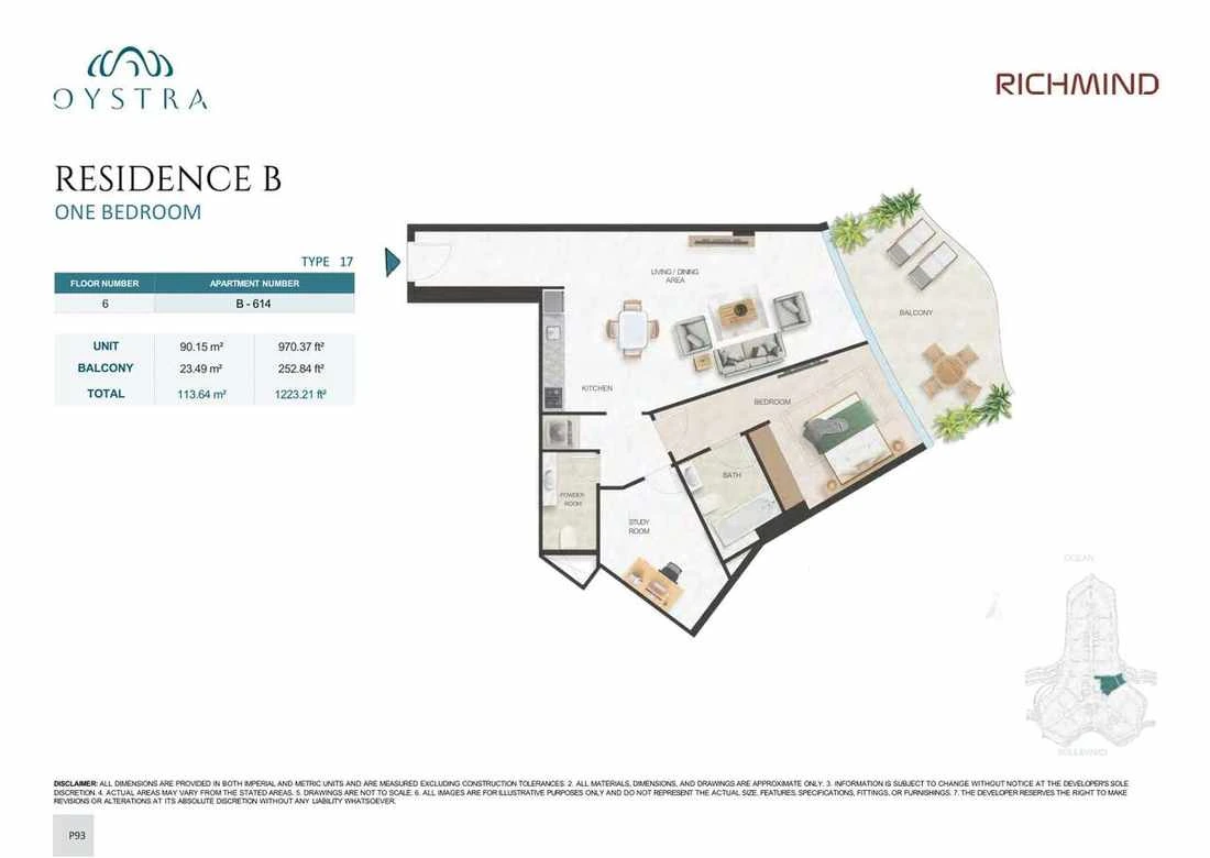 Oystra 1-bedroom Type 17 apartment, Apartment B-614, Floor 6, Residence B, 1,223.21 sq ft floor plan.