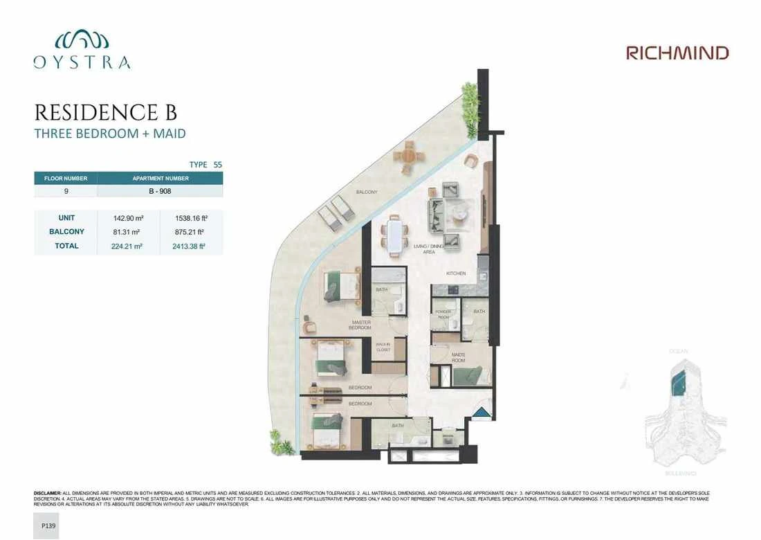 Oystra 3-bedroom Type 55 apartment with maid's room, Apartment B-908, Floor 9, Residence B, 2,413.38 sq ft floor plan.