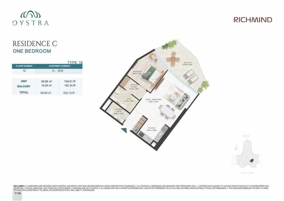 Oystra 1-bedroom Type 18 apartment, Apartment C-1210, Floor 12, Residence C, 932.15 sq ft floor plan.